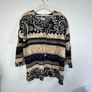 Vintage Brownstone Studio Womens Button-Front Tunic Top Black Abstract Print